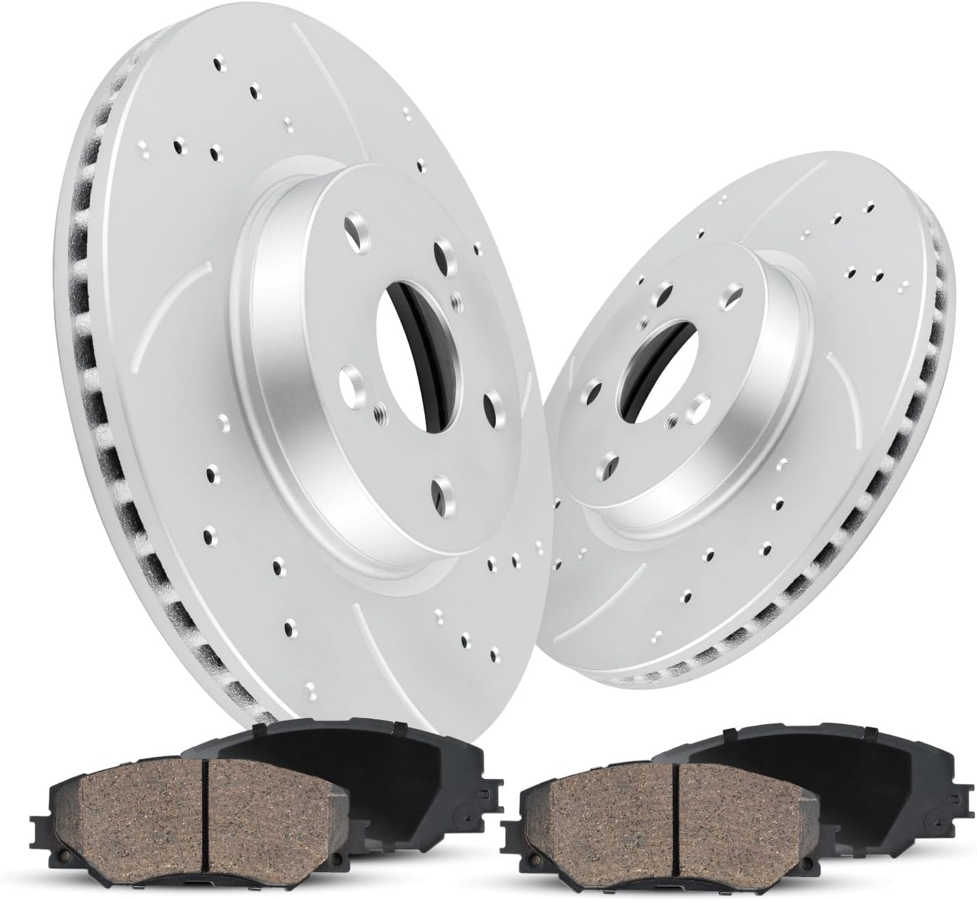 Front Geomet Coated Brake Kit Compatible with 2009-2015 Honda Pilot, 2007-2013 Acura MDX|329.8mm(13in)|Drilled and Slotted Automotive Brake Discs & CARBON FIBER Ceramic Brake Pads