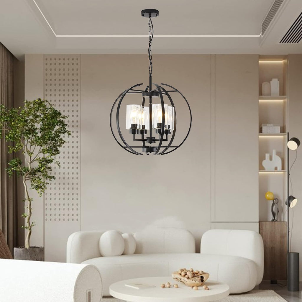 Black Chandelier Lighting with Clear Glass for Dining Room, Farmhouse Hanging Lighting, 4 Lights Globe Ceiling Light Fixture