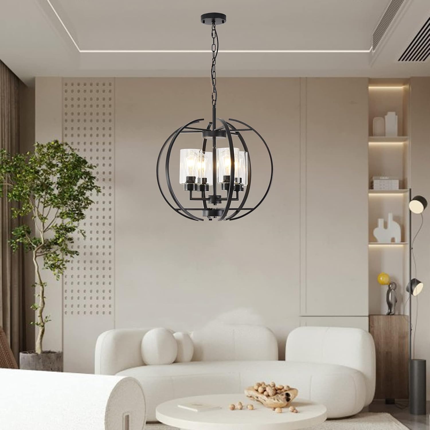 Black Chandelier Lighting with Clear Glass for Dining Room, Farmhouse Hanging Lighting, 4 Lights Globe Ceiling Light Fixture