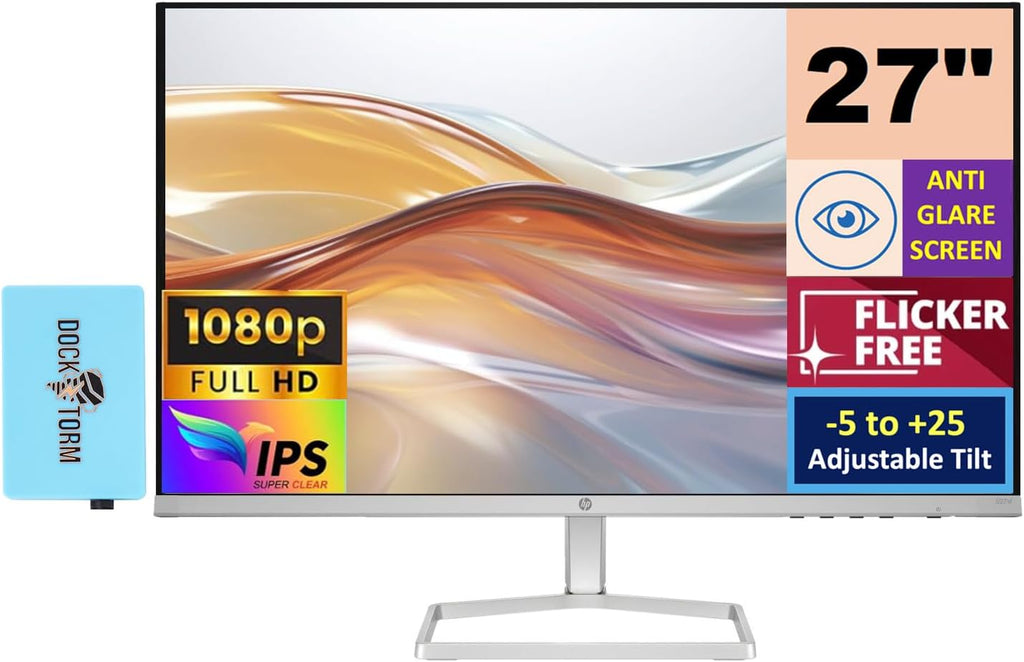 HP Series 5 527sf Monitor (Replaces Model M27h) 94F44AA#ABA w/Docztorm Dock, 27' FHD IPS (1920x1080) Display, 2x HDMI, 1x VGA, Flicker-free, Ideal for Home & Business, Black/Silver (2024 Latest Model)