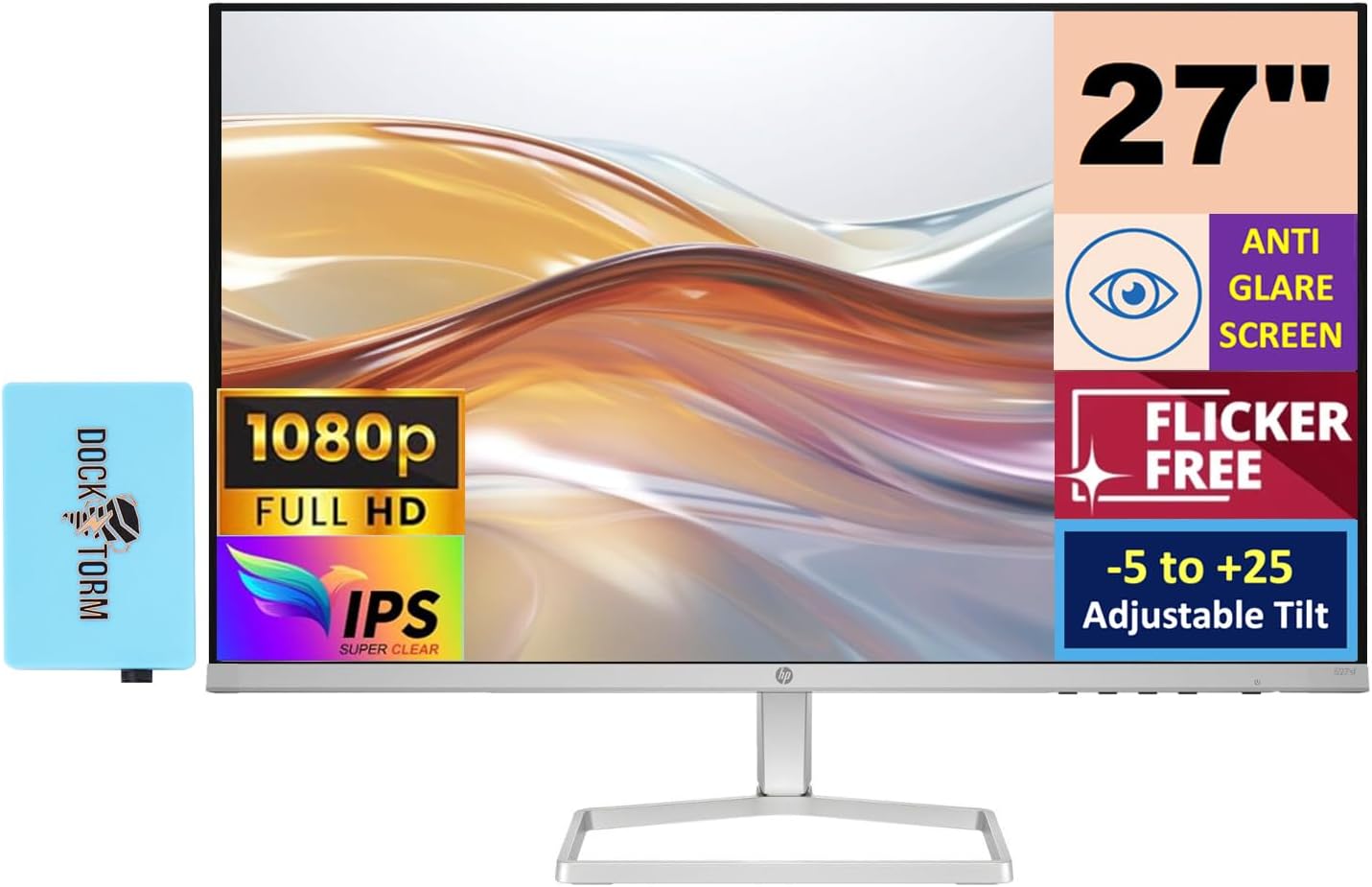 HP Series 5 527sf Monitor (Replaces Model M27h) 94F44AA#ABA w/Docztorm Dock, 27' FHD IPS (1920x1080) Display, 2x HDMI, 1x VGA, Flicker-free, Ideal for Home & Business, Black/Silver (2024 Latest Model)