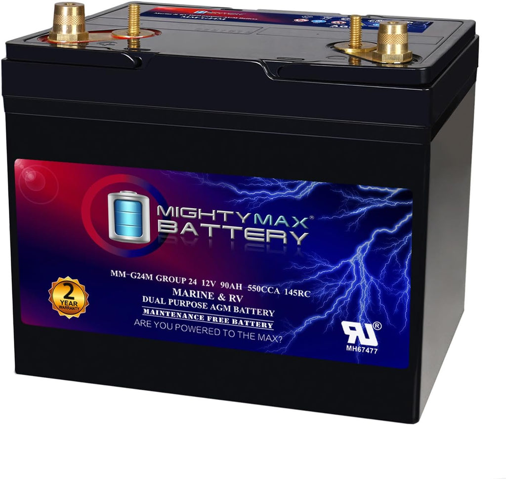 Mighty Max Battery MM-G24M, 12V 90Ah, Group Size 24M Deep-Cycle Marine AGM, Dual-Purpose Starting & Deep Discharge, 550 CCA, 700 MCA, 145 RC, Spill-Proof Maintenance-Free Battery
