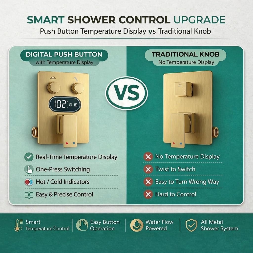 Push Button Diverter Shower Faucet Set Hydro Power Temperature Display, Shower System 12 Inch Shower Head with Handheld Spray, Wall Mounted Shower Fixtures with Valve and Trim Kit, Brushed Gold