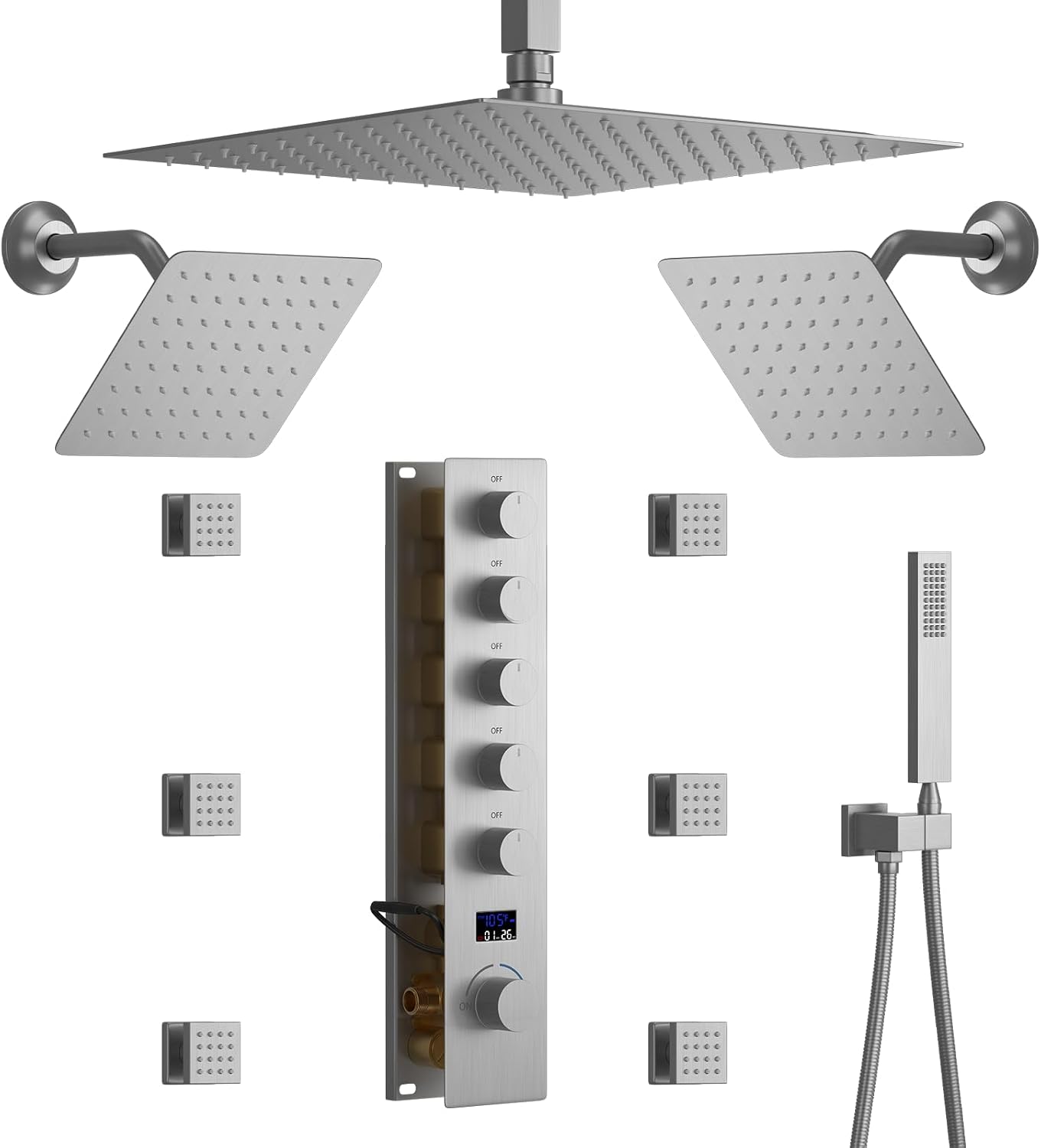 Brushed Nickel Shower System with 12+8+8' Three Top Shower Heads, Full Body Shower System with Temperature Display,Handheld Sprayer and Body Jets Shower Set