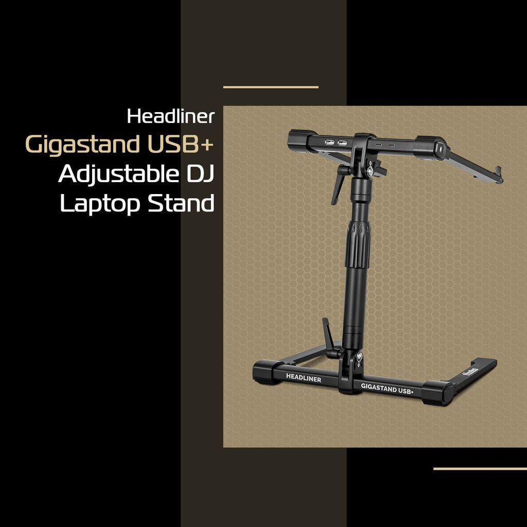Headliner Gigastand USB+, Adjustable DJ Laptop Stand with Integrated USB-C Hub - Steel & Aluminum Construction, Foldable Design, Telescoping Neck - Perfect for DJs, Musicians, and Creators