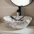 Oval Vessel Sink 16'x13' White Ceramic Bathroom Sink with Waterfall Faucet and Pop-up Drain Bowl Sink White Black Marble Bathroom Sinks Above Counter