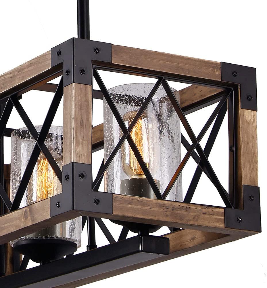 Giluta Rectangle Wood Metal Pendant Light Kitchen Island Chandelier Black Finish Rustic Industrial Chandelier Vintage Ceiling Light Fixture 5 Lights with Glass Shade (17810)