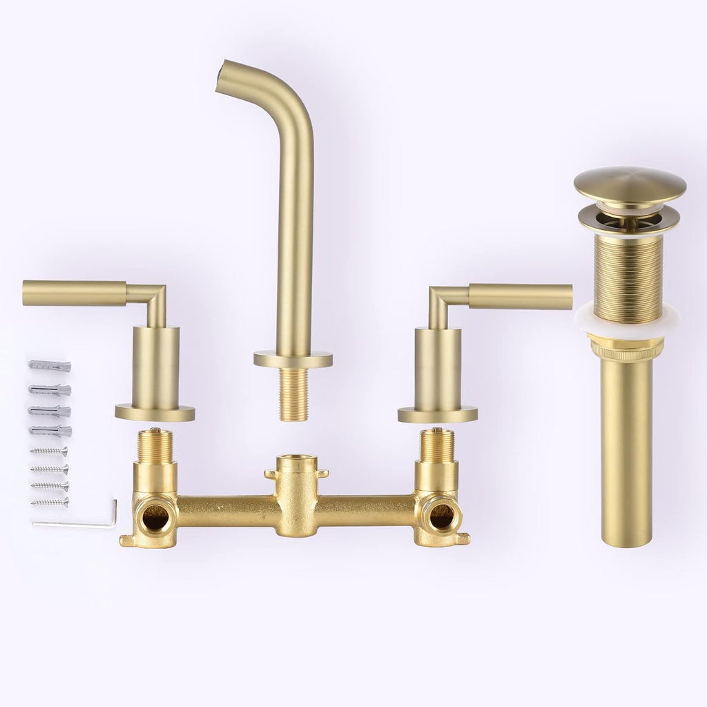 RBROHANT Gold Wall Mount Faucet with Pop up Drain Set for Sink Without Overflow, Brushed Gold Dual Handle Wall Mounted Bathroom Sink Faucet, Brass Rough-in Valve Included, RB0736D