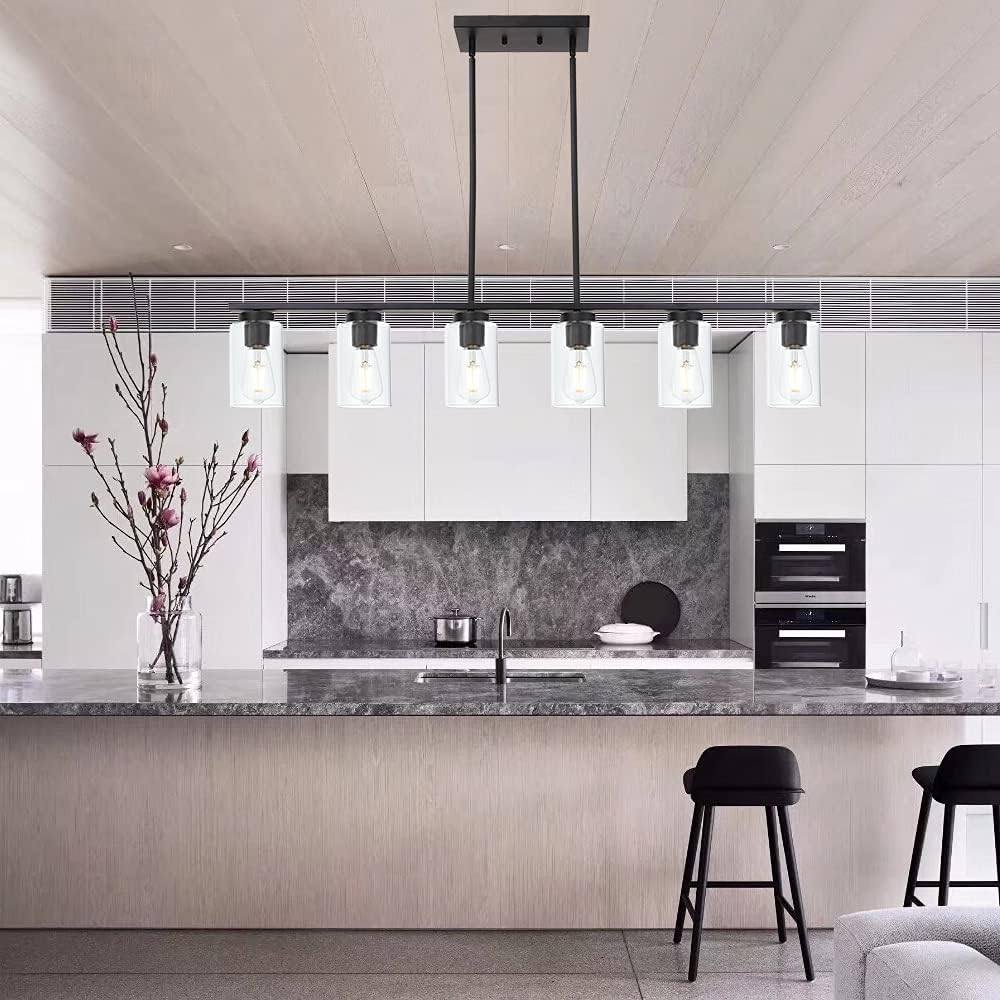 TODOLUZ Black 6-Lights Kitchen Island Light with Clear Glass Shades, Farmhouse Hanging Pendant Light Fixture for Farmhouse Dining Room Living Room