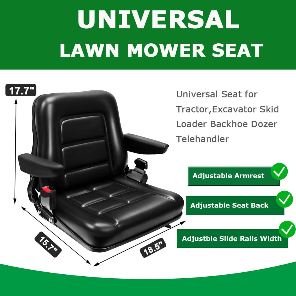 Tractor Seat,Universal Lawn Mower and Forklift Seat with Adjustable Back,Armrest,Slide Rail And Safety Belt,for Tractor,Mower,Excavator,Bucket,Dozer