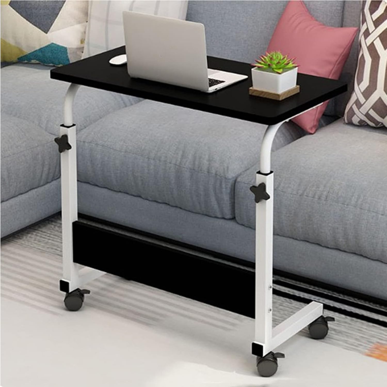 C Shaped End Table Adjustable Overbed Bedside Table with Wheels Rolling Laptop Tray Desk Cart Portable Mobile Sit Stand Desk Tilting Hospital Bed Table (Black)