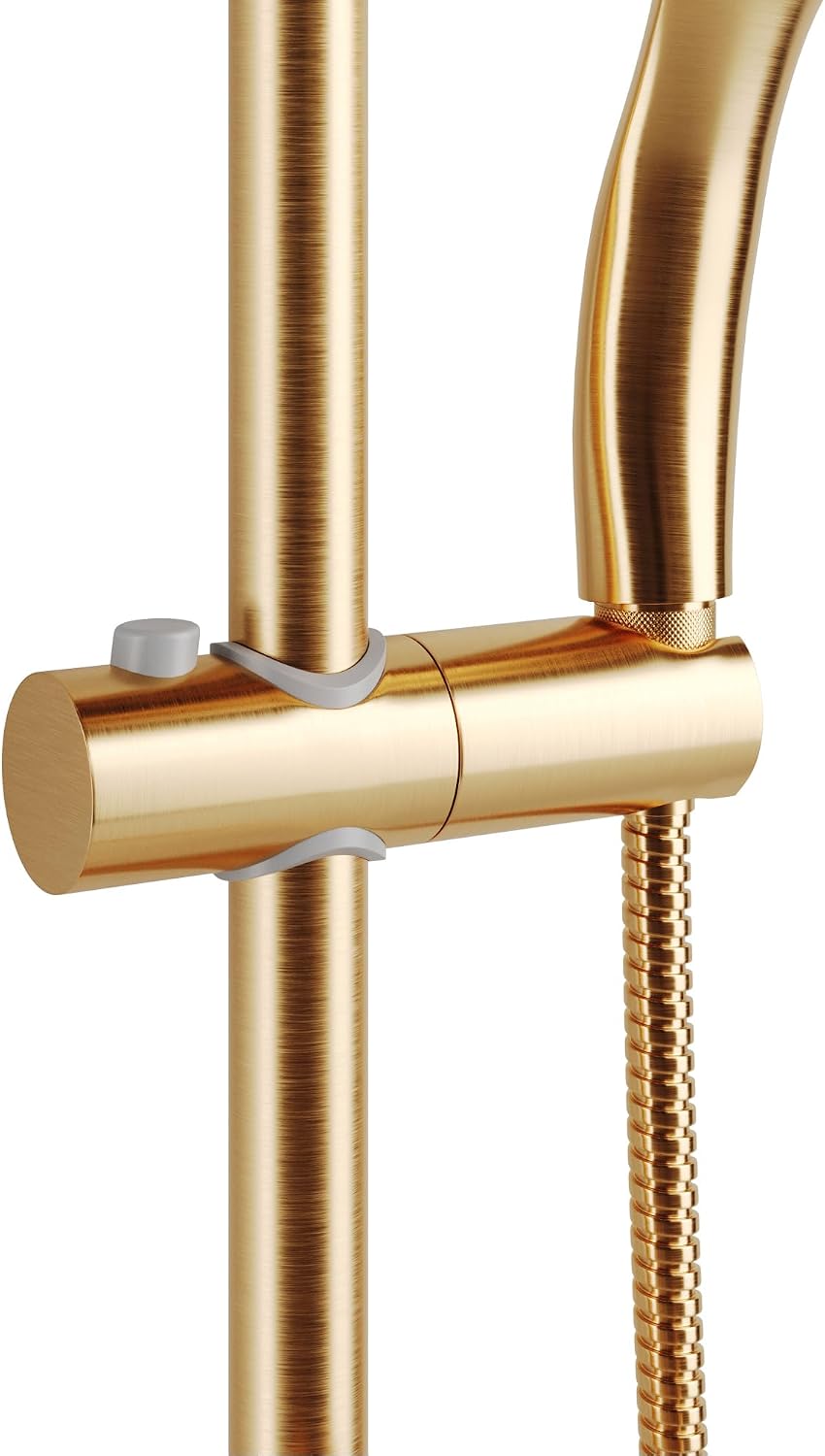 PULSE ShowerSpas Kauai III Brushed Gold Rain Shower Head with Handheld Spray - 2.5 GPM, 8' Showerhead, 5-Function HandShower, Adjustable Slide Bar - Shower Heads with Handheld Spray Combo