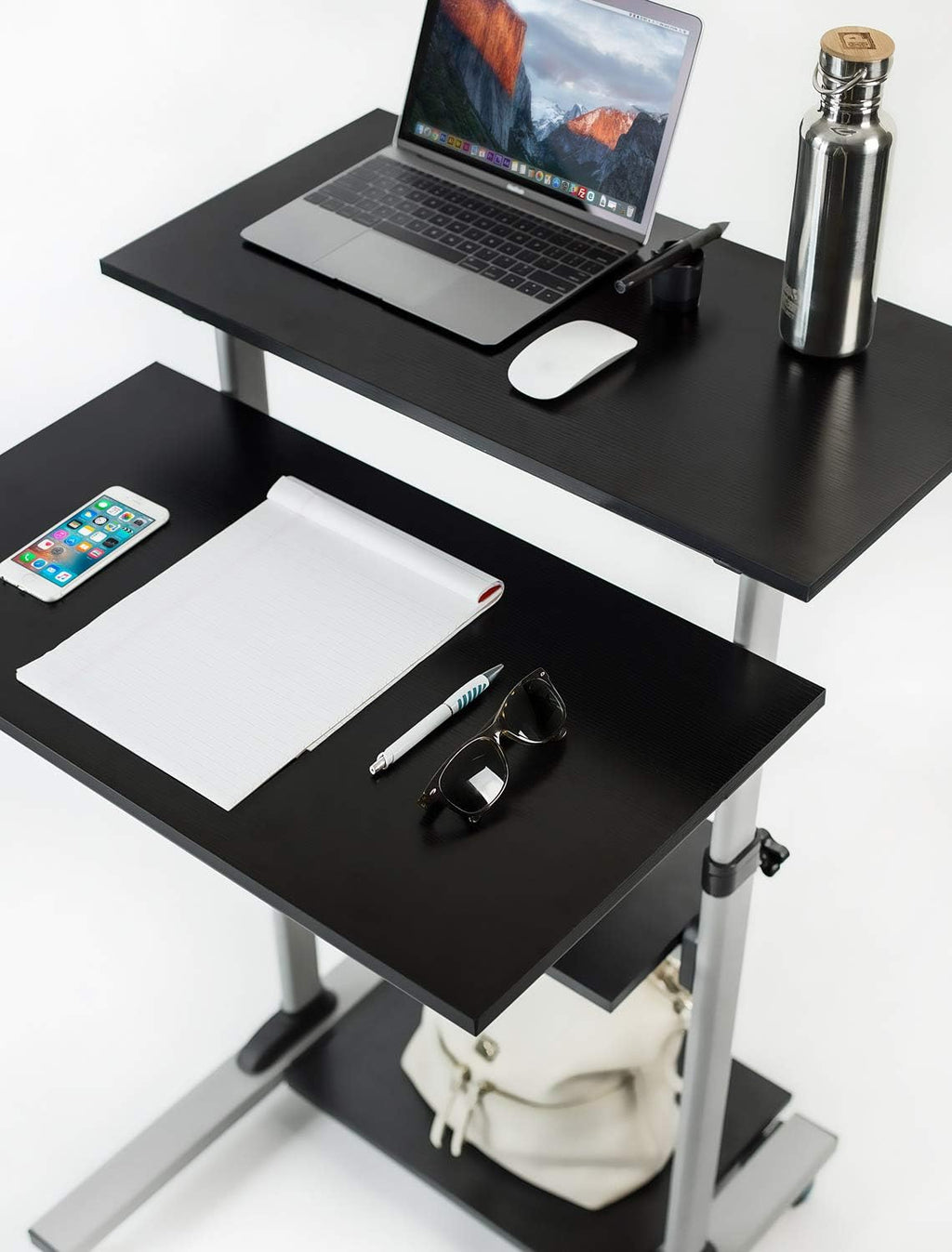 Mount-It! Rolling Standing Desk Adjustable Height up to 54.7', Portable Laptop Podium Desk on Wheels, Mobile Presentation Cart with Shelves, Adjustable Computer Workstation Home Office, Classroom