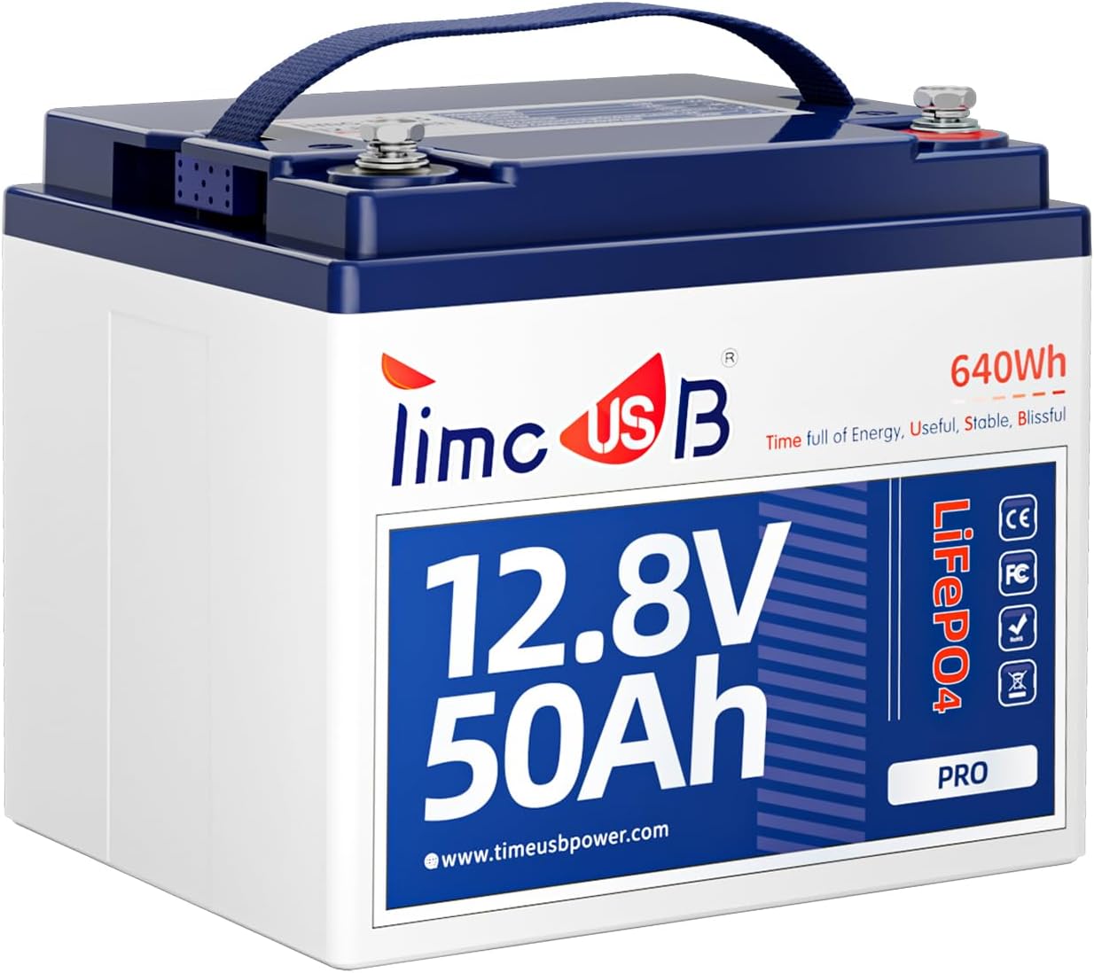 Timeusb 12.8V 50Ah LiFePO4 Battery Built-in 50A BMS, 15000+ Deep Cycle Lithium Batteries with Grade A Battery Cells for Solar System, Home Back Up, RV, Kayak etc