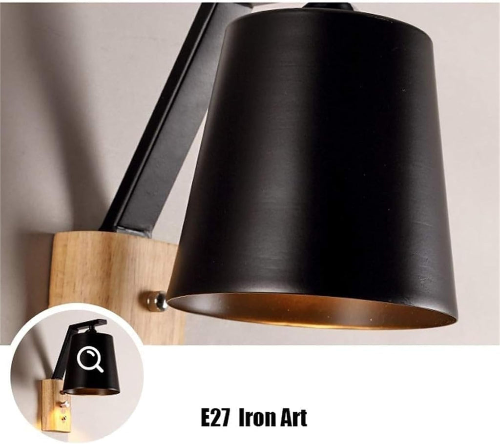 Wall Light Modern Wooden Wrought Iron LED Wall Lamps Minimaslist Bedroom Bedside Reading Lamp E27 Lighting Fixtures Wall Sconce Home Decor Ceiling Light(Black)