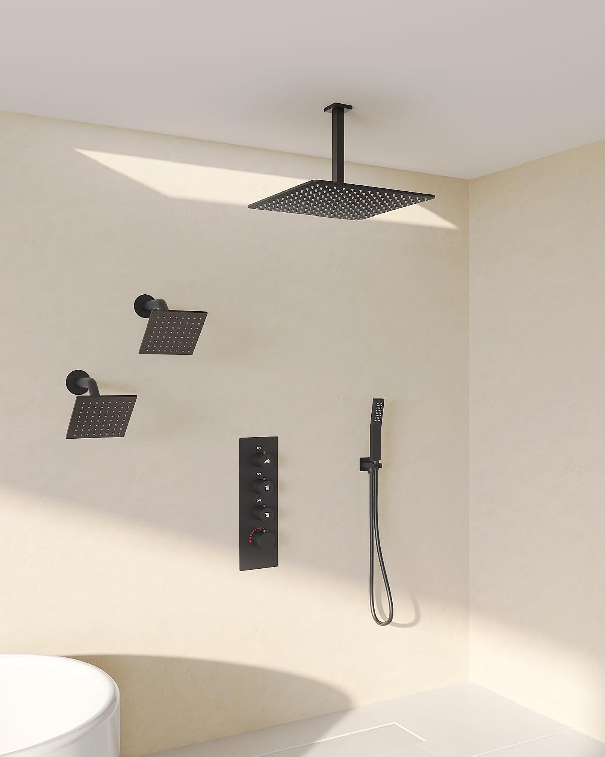 Thermostatic Shower System, 16' Ceiling Mount Rainfall shower Head with Double 6' Shower Head, Matte Black