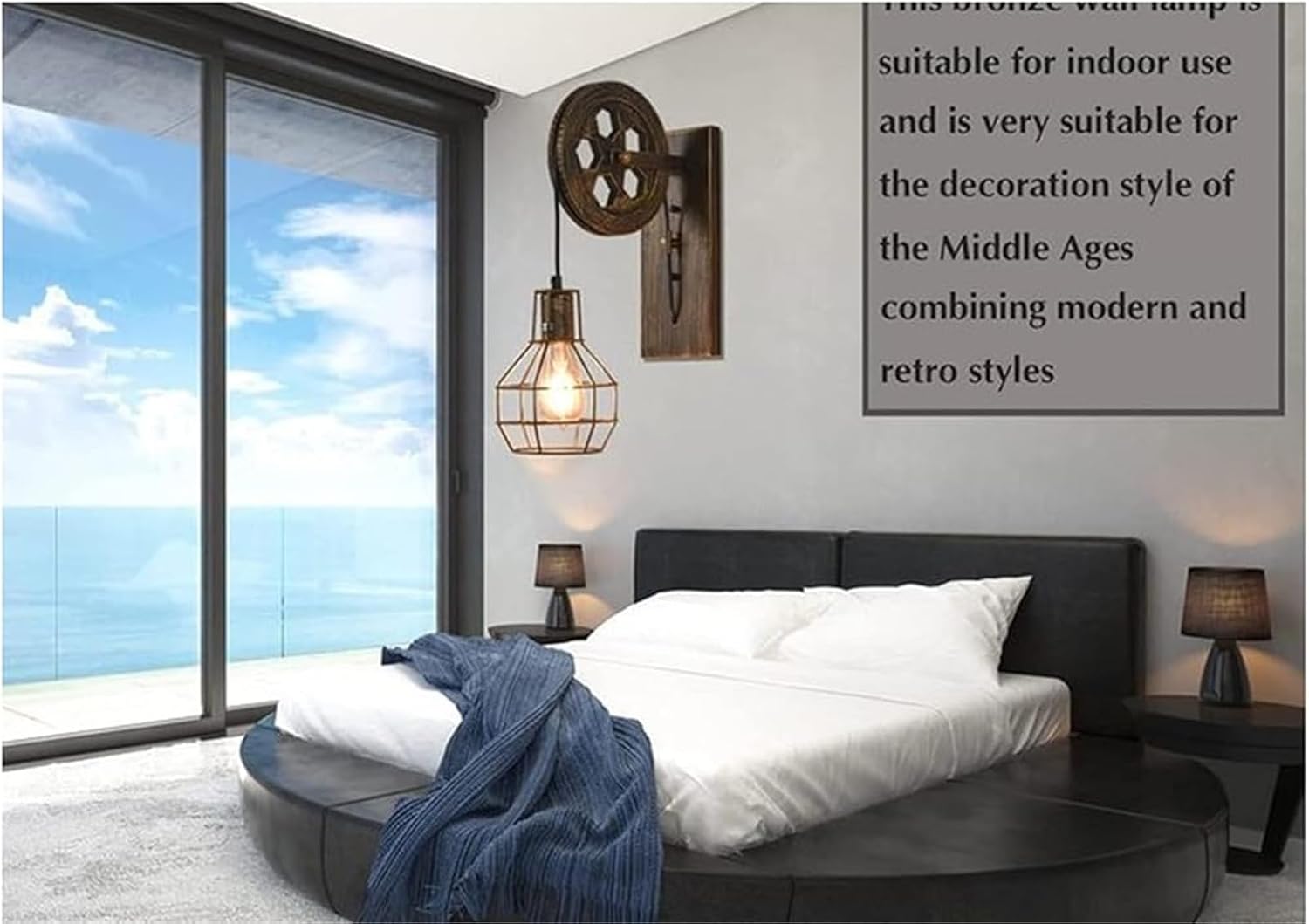 Wall Lamps & Sconces Industrial Pulley Wall Sconce Vintage Style Wrought Iron Cage Wall Lamp with Wheel Arm and Cylinder Shade Mid-Century Wall Lighting Fixture Black Wall Mounted Light for Bed(A)