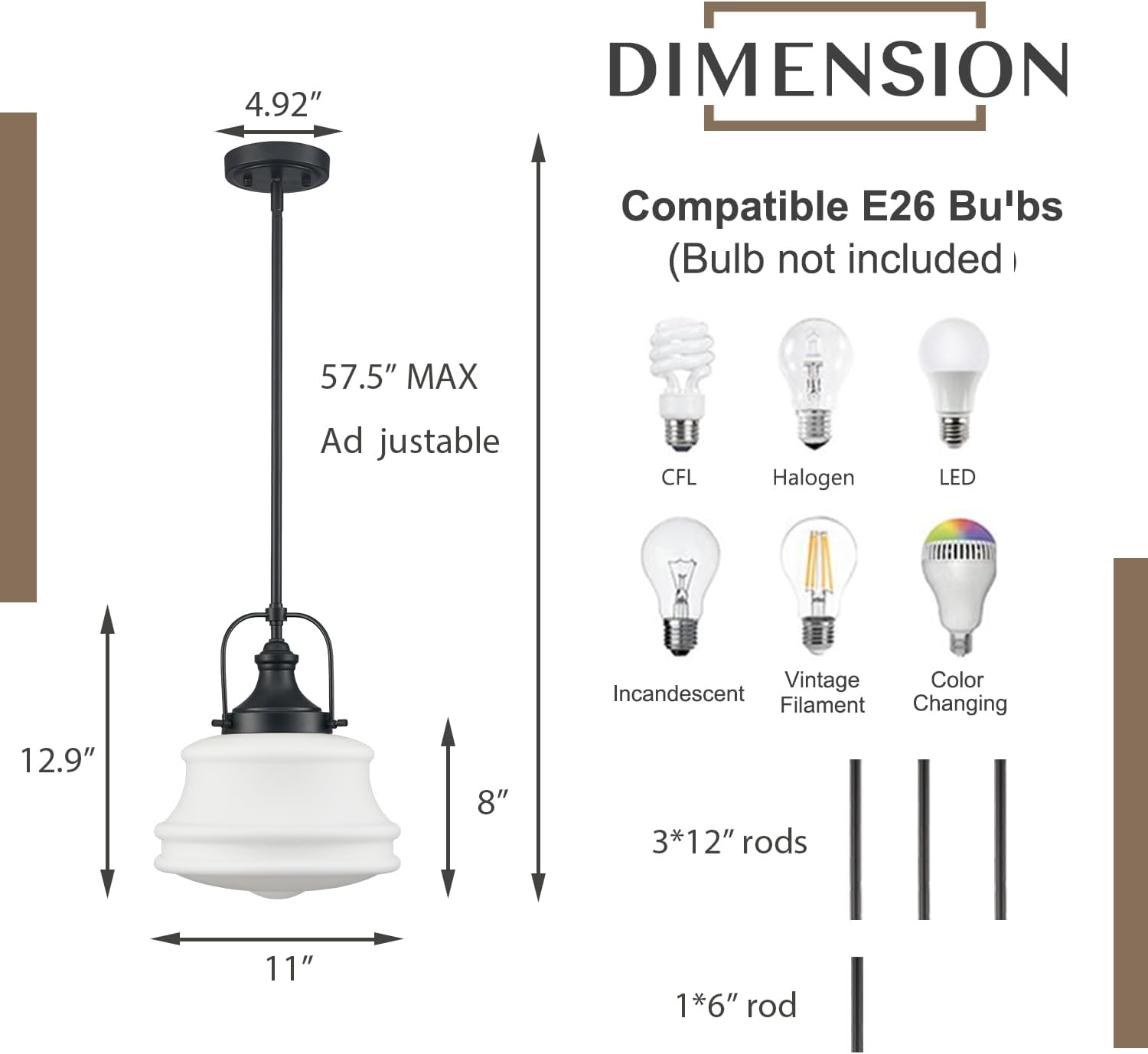 DEYNITE Industrial Black Pendant Light Rod Hanging Schoolhouse Light Milk White Shade for Kitchen Bar Bedroom Bathroom Dining Room