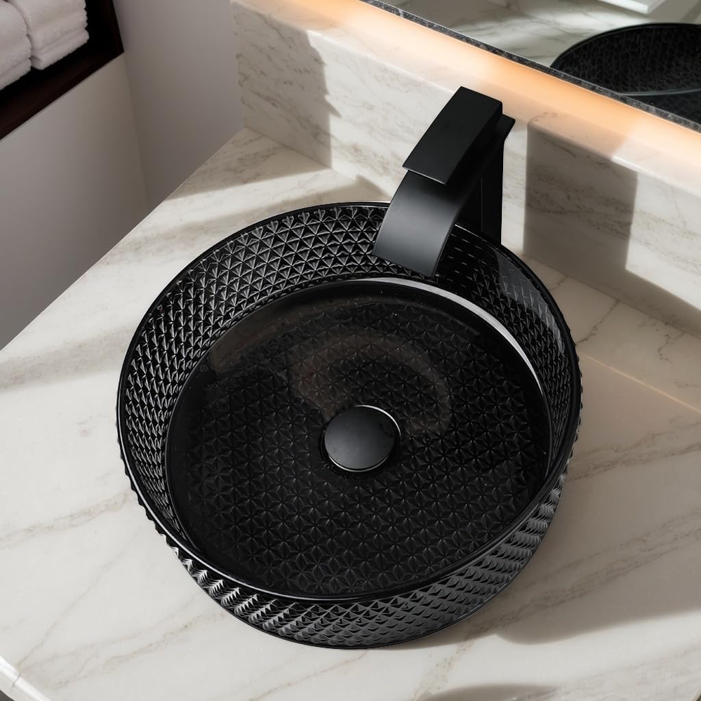 Black Crystal Bathroom Vessel Sink with Waterfall Faucet and Drain Combo,16 Inch Diamond Shaped Tempered Glass Sink Above Counter Round Bathroom Sink Bowl Art Basin