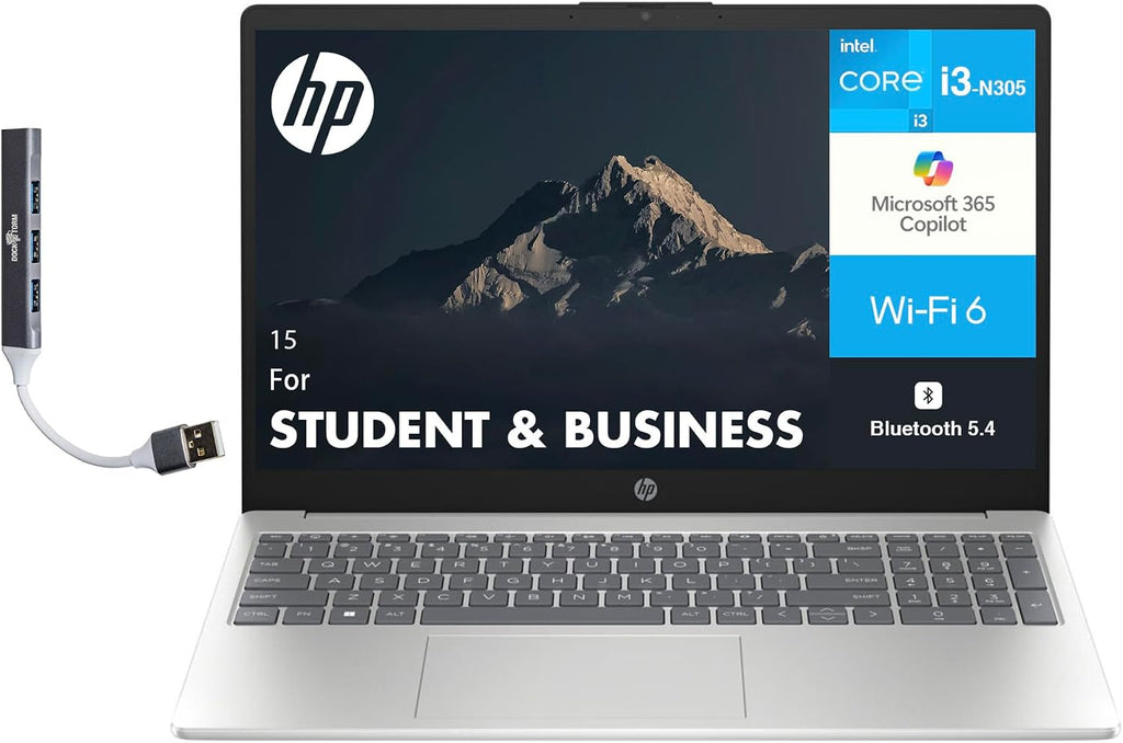 HP 15 Student & Business Laptop 15.6' IPS HD Display (Intel i3-N305, 8GB DDR4, 128GB SSD, Intel UHD, WiFi 6, Webcam, Bluetooth 5.4, Win 11 Home S-Mode) w/DKZ USB Port Expander