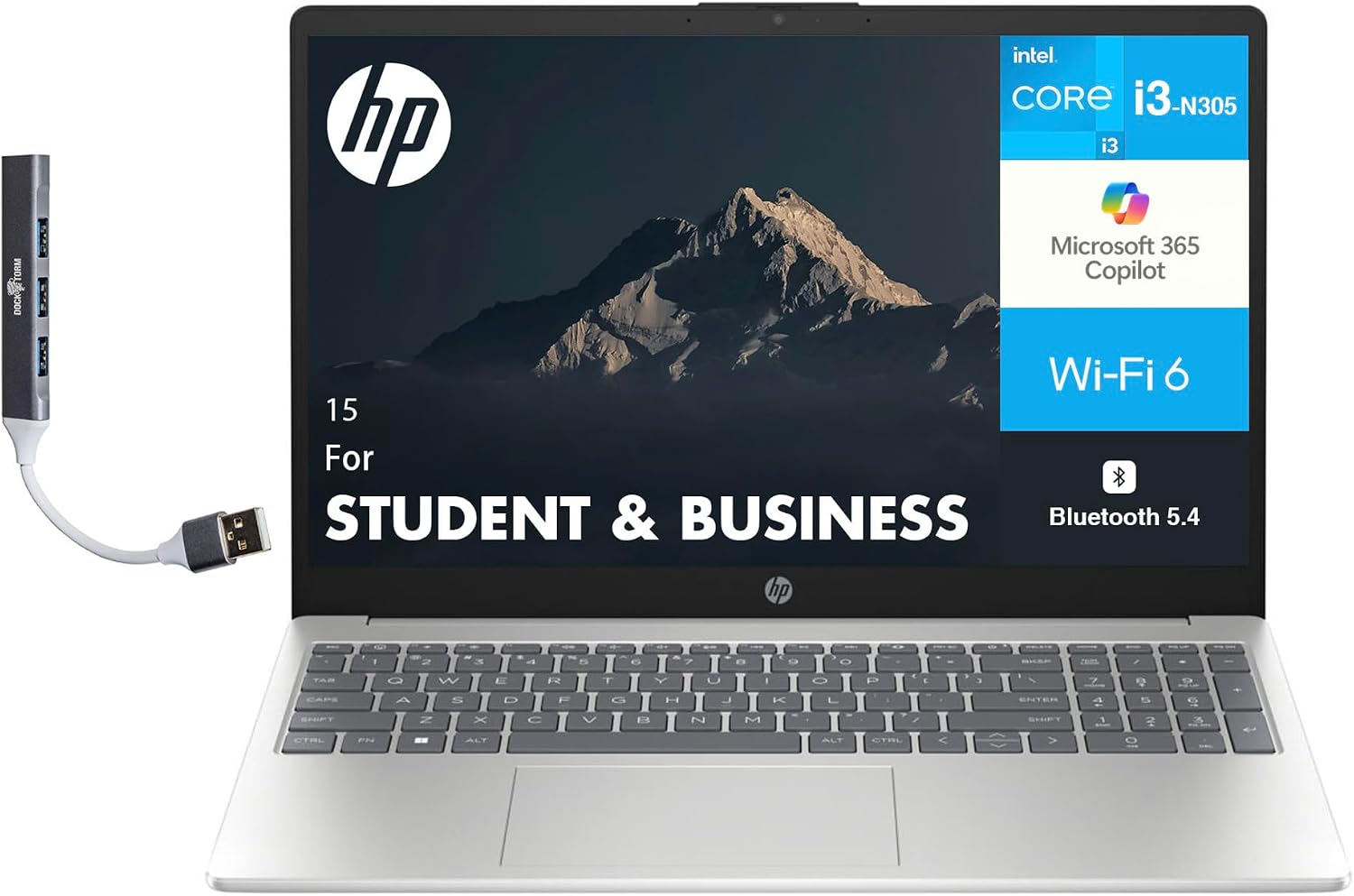 HP 15 Student & Business Laptop 15.6' IPS HD Display (Intel i3-N305, 8GB DDR4, 128GB SSD, Intel UHD, WiFi 6, Webcam, Bluetooth 5.4, Win 11 Home S-Mode) w/DKZ USB Port Expander