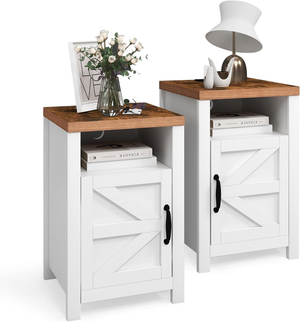 oneinmil End Table with Charging Station, Farmhouse Nightstand with Barn Door, Sofa Side Table with Storage Space 2-Piece Set, Suitable for Livingroom and Bedroom,White