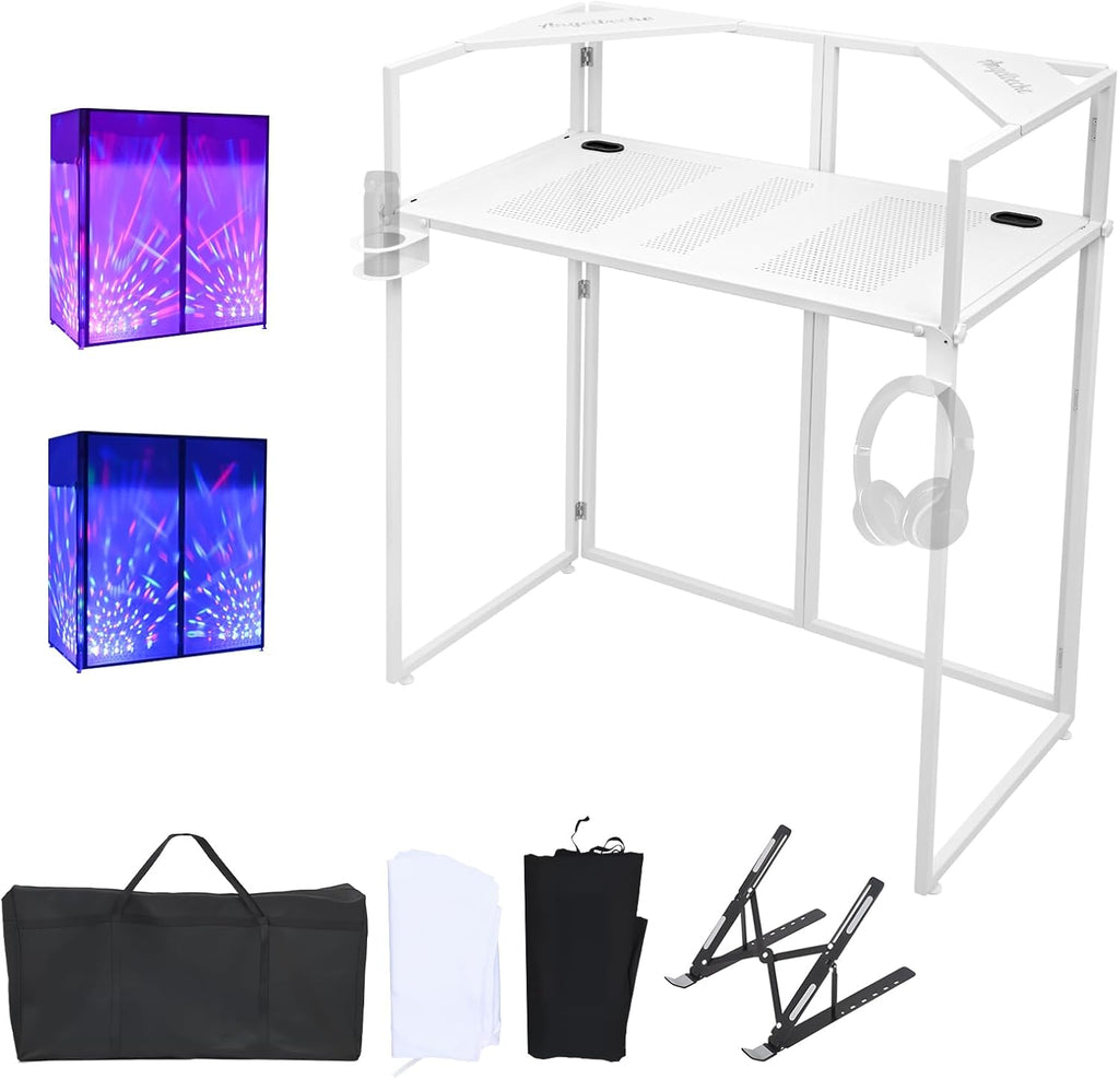 Portable DJ Booth Facade,DJ Table,Heavy-Duty DJ Table Stand Portable Booth,Iron Plate Surface DJ Facade Booth,with Carry Bag & Hook & Cup Holder (41.3'L x 20.4'W x 43.3'H)