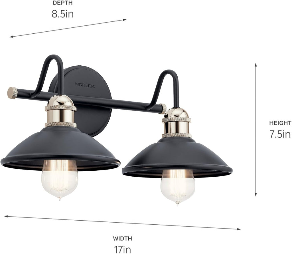 Kichler Clyde 2-Light Bathroom Vanity Light Fixture with Vintage Industrial Design, Black Finish for Bathrooms Over Mirror (7.25' H x 17' W x 8.25' Ext.), 45944BK