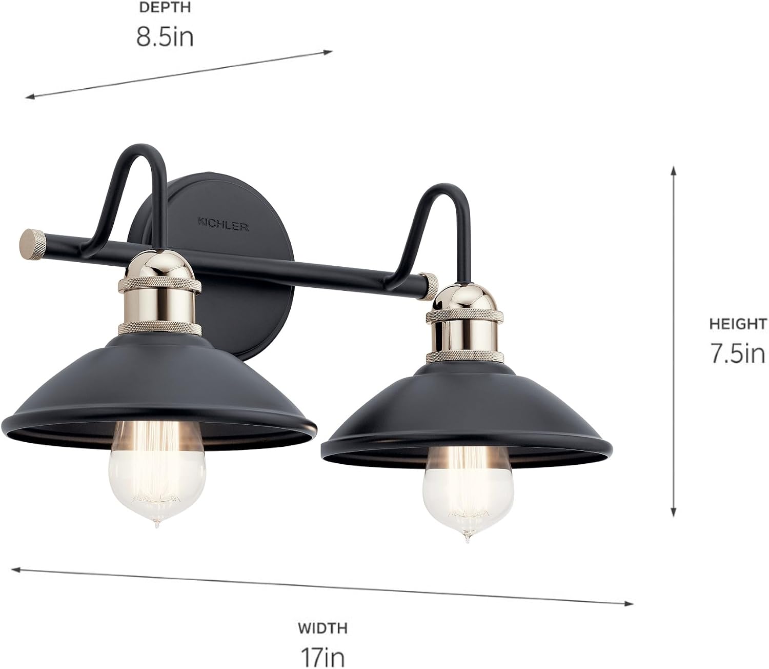 Kichler Clyde 2-Light Bathroom Vanity Light Fixture with Vintage Industrial Design, Black Finish for Bathrooms Over Mirror (7.25' H x 17' W x 8.25' Ext.), 45944BK
