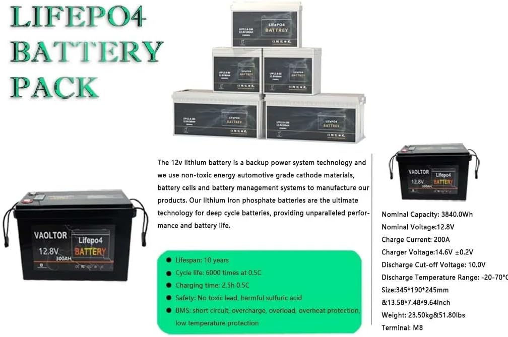 12V 300Ah LiFePO4 Lithium Battery, 6000-15000 Cycles, Built-in 200A BMS, 3840Wh LiFePO4 Battery, 10-year Lifespan for RV, Boat, Trolling motor, Lawn Mower, Camping, Off-Grid