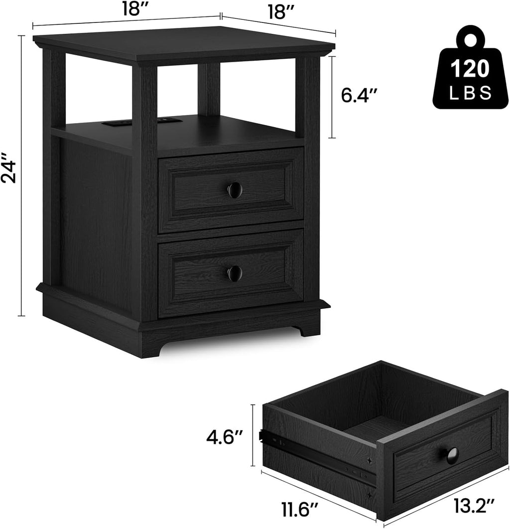 REDAYFUR End Table with Fast USB C Charging Station,18' Wide Sofa Side Table with 2 Drawers, Large Storage Rustic Wood Square Storage Cabinet for Living Room, Bedroom, Office, Black