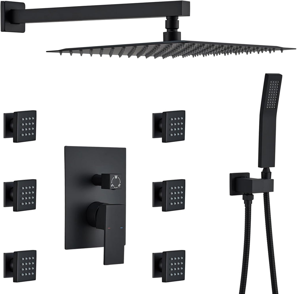 Rain Shower System With Complete 6 Pcs Body Sprays Jets And Pressured Balance Rough-in Valve,12Inch Rainfall Shower Head And Handheld, Modern Matte Black Wall Mount Shower Faucets Sets