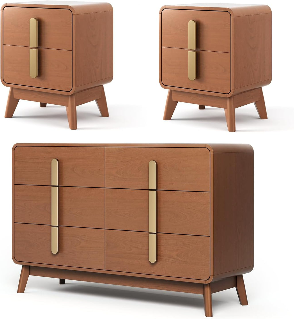 JOINICE Night Stand Set 2, Mid Century Modern Bedside Table with Drawers, Curved Profile Design End Table with Metal Handle, Nightstand Set of 2 with Storage, Bed Side Tables for Bedroom, Cherry