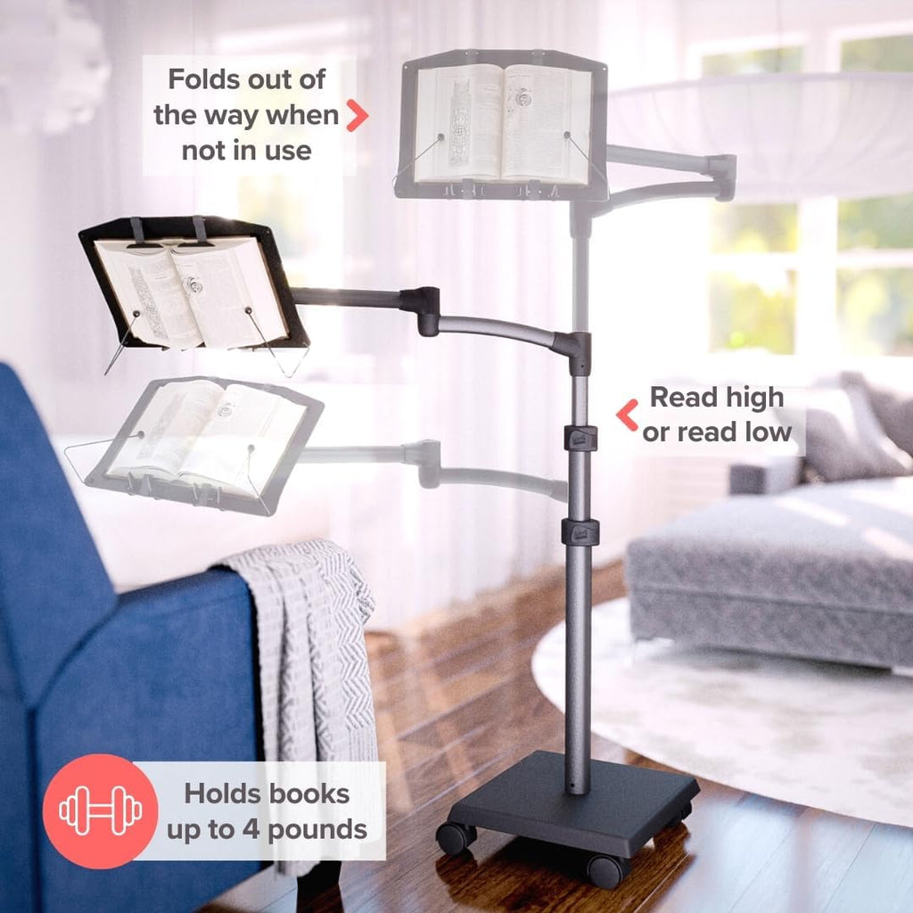 LEVO G2 Book Holder Floor Stand with Rolling Base – Our Premium Adjustable Reading Station on Wheels for Bed, Couch, or Recliner – Ergonomic Hands-Free Page Support for Heavy Novels and Textbooks