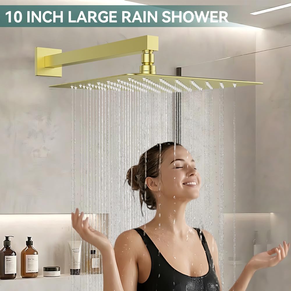 Shower System Shower Faucet Set, STARBATH 10' Wall Mount Rain Shower Head and Handheld Spray for Two Person, Rainfall Shower System with Diverter Valve and Trim Kit Complete,Brushed Gold