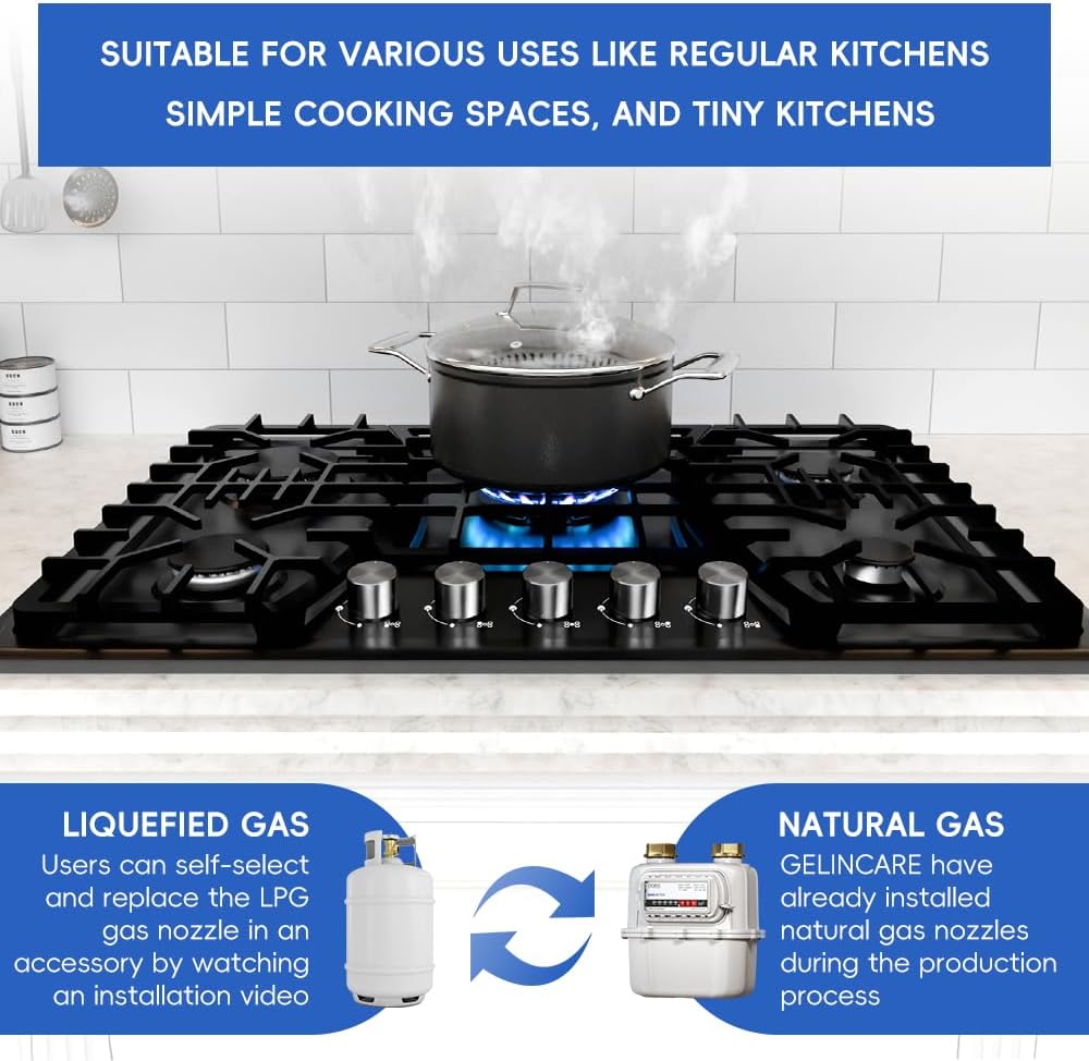Gas Cooktop 30 Inch, 5 Burner Stove top, Built-in Propane/Natural Gas Convertible Hob, Stainless Steel Countertop Built-in with Thermocouple Protection, Black