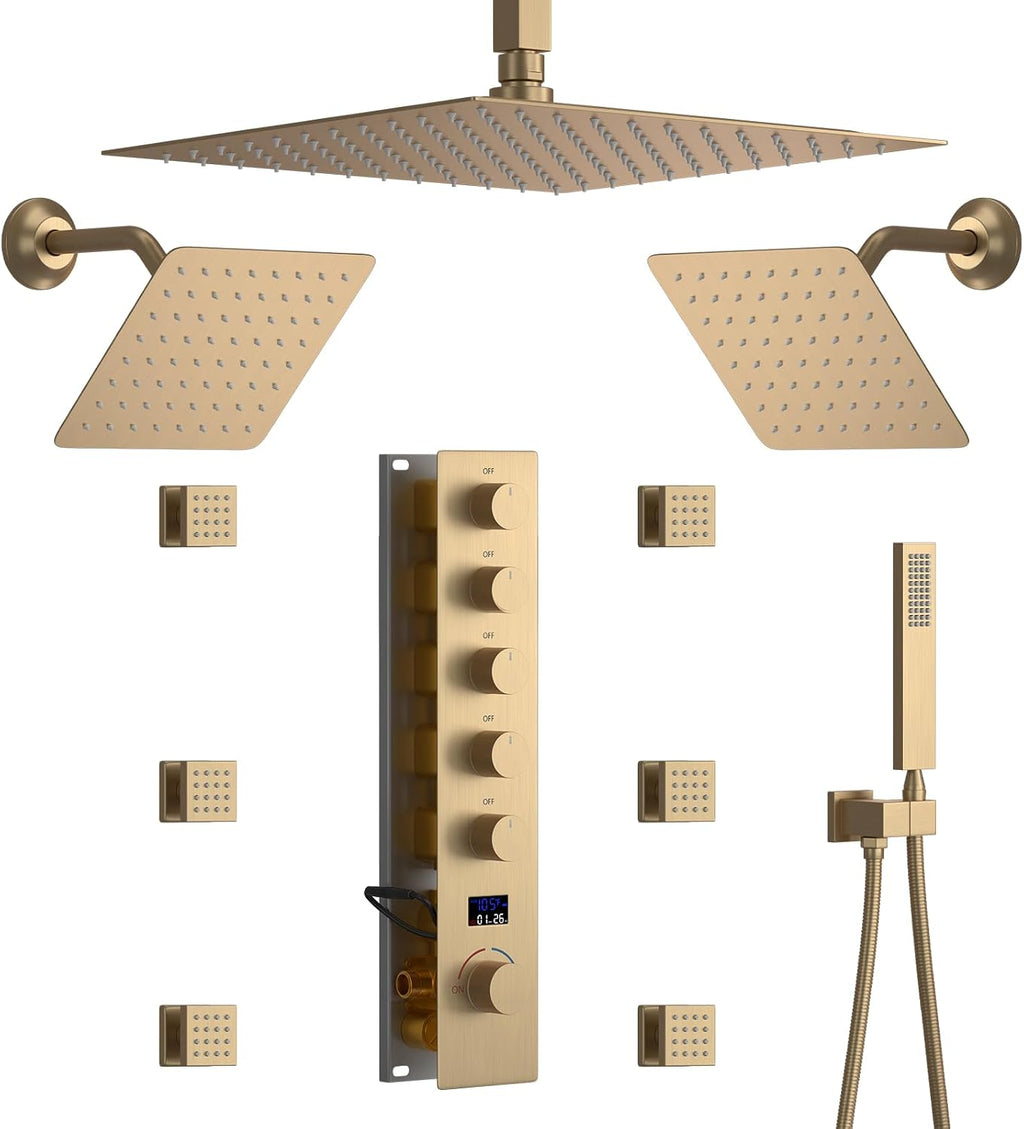 Brushed Gold Triple Shower Heads Shower System with 12'+8'+8' Top Shower Heads, Digital Display Shower Valve, Body Jets and Handheld Shower,Full Body Shower System