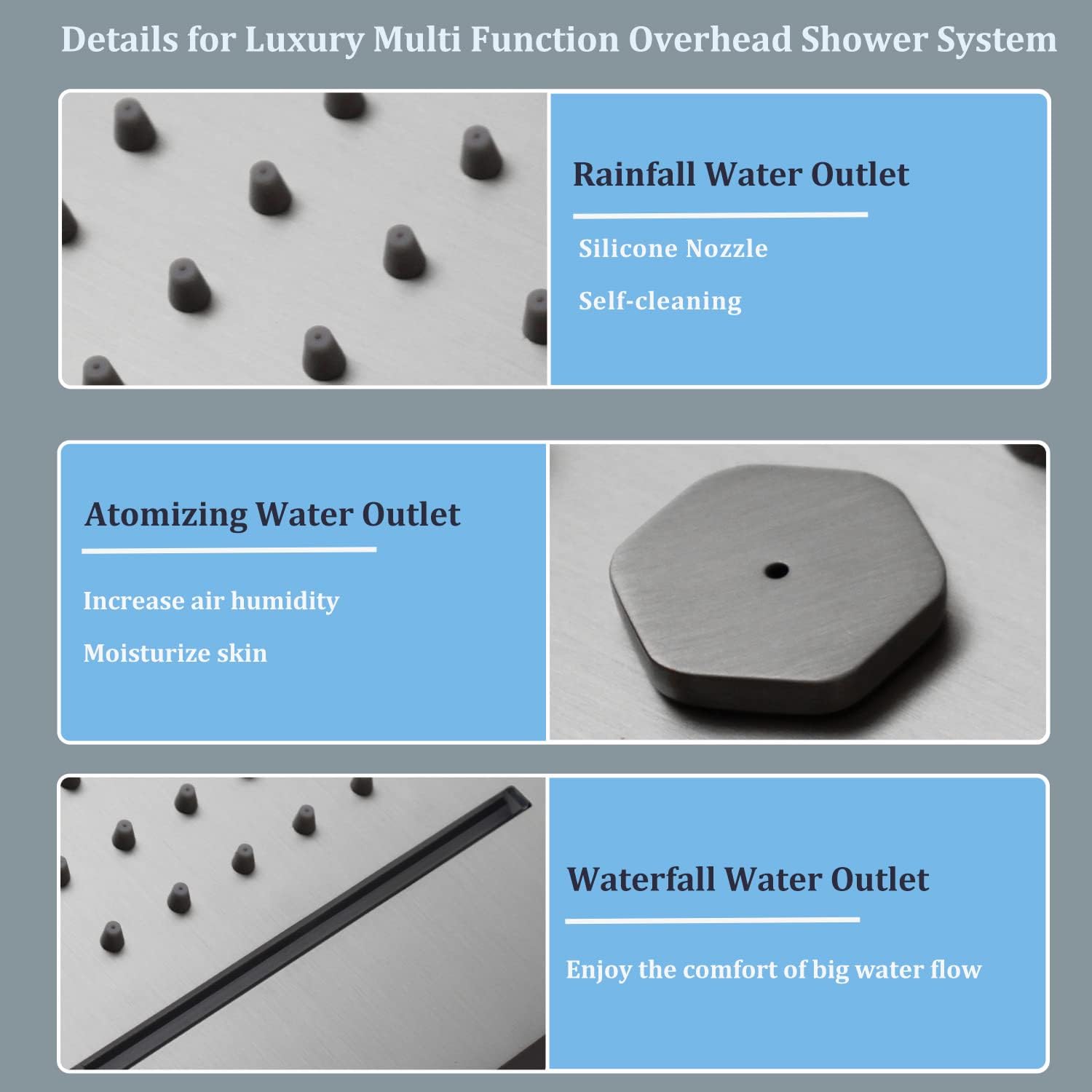 Brushed Nickel Shower Faucet System 16 X 24' 3 Functions Waterfall Mist Rainfall Ceiling Shower Head Thermostatic Full Body Shower Faucet Set Complete With Handheld And Shower Body Jet Spray