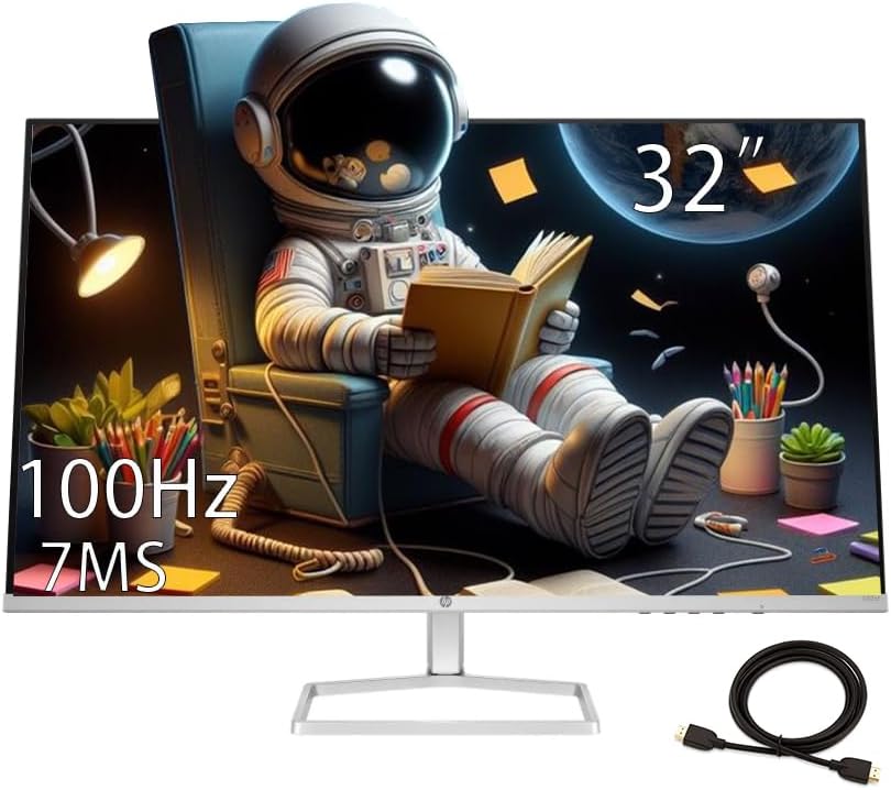 HP Monitor 32' VA Panel, FHD(1920X1080), Anti-Glare Display, 100Hz Refresh Rate, 7 MS Response Time, 2 x HDMI 1.4, 1 x VGA, 16:9 Aspect Ratio, Silver, with HDMI Cable