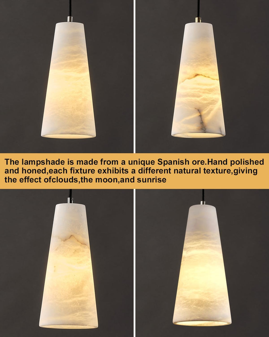 Alabaster Pendant Lights Kitchen Island 2 Pack, H-10in White Pendant Light Fixtures, Marble Conical Shade Copper, Light Pendant for Bedroom Bathroom Dining Room Living Room (Dimmable Bulbs INCL)