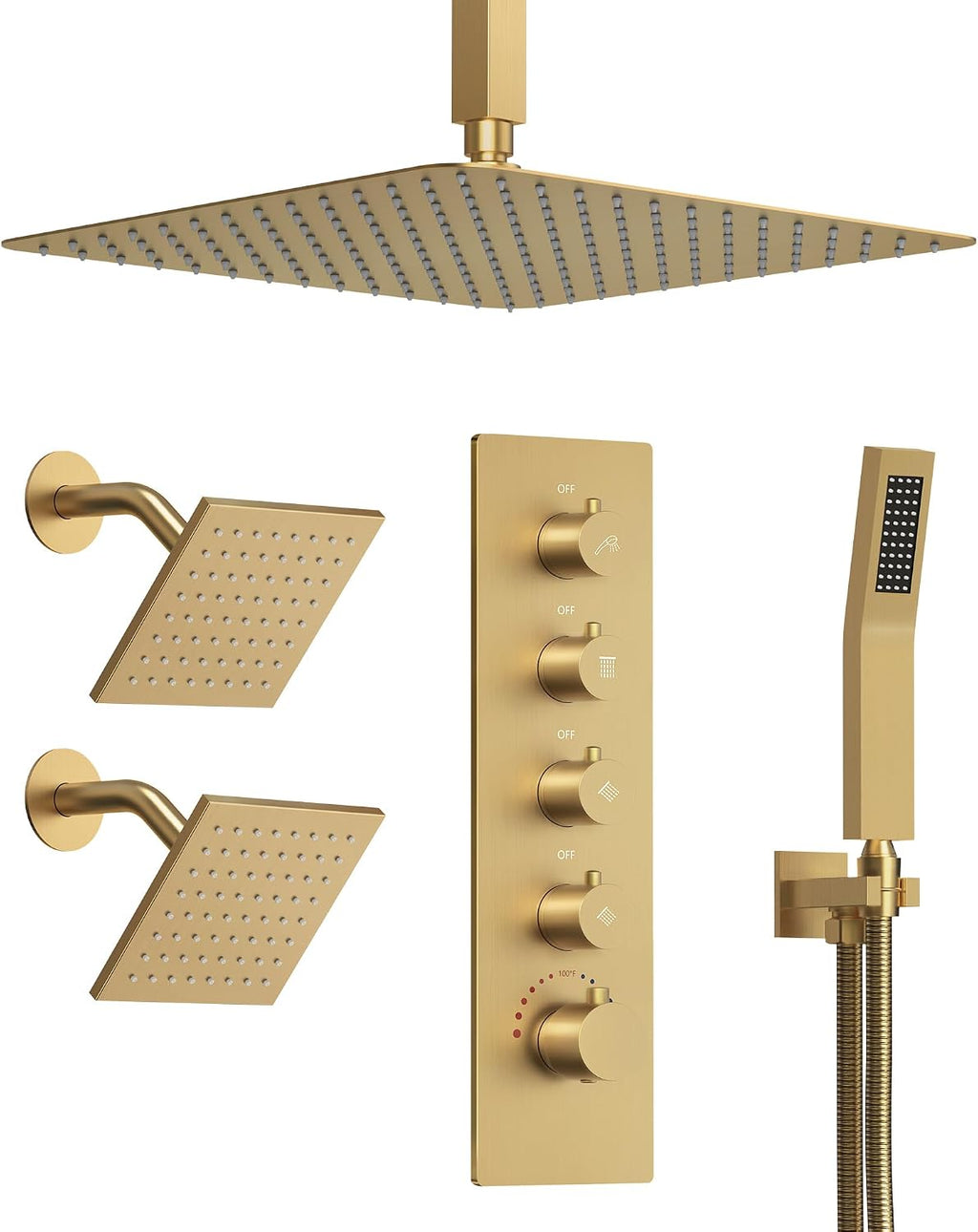 Thermostatic Shower System, 16' Ceiling Mount Rainfall shower Head with Double 6' Shower Head, Brushed Gold