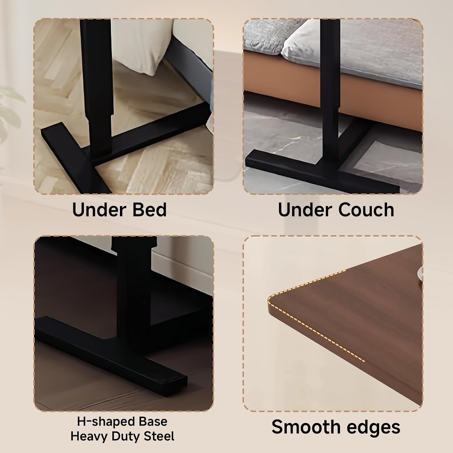 Upgraded Overbed Bedside Desk with Hidden Wheels, Height Adjustable Rolling Laptop Stand with Extended Front Stopper, Tilting Over Bed Table for Bed Sofa, Walnut
