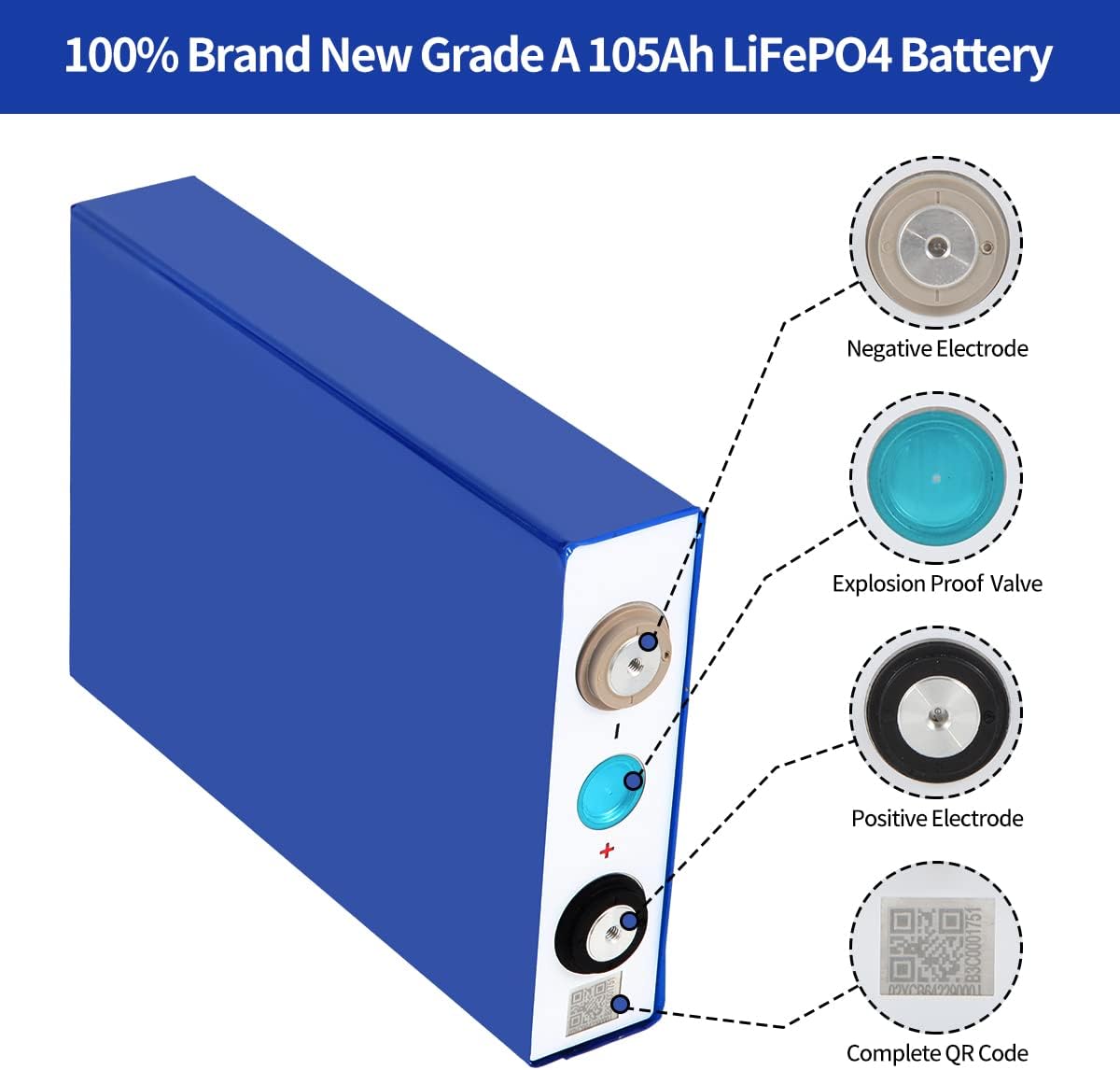 EVE 3.2V 105Ah 4pcs LiFePO4 Cells Lithium Battery Iron Phosphate Deep Cycle Battery, Power Supply for RV, Boat, Golf Cart, Motor, UPS, Fish Finder, Lawn Mower, Off Grid, Solar Systems, etc.