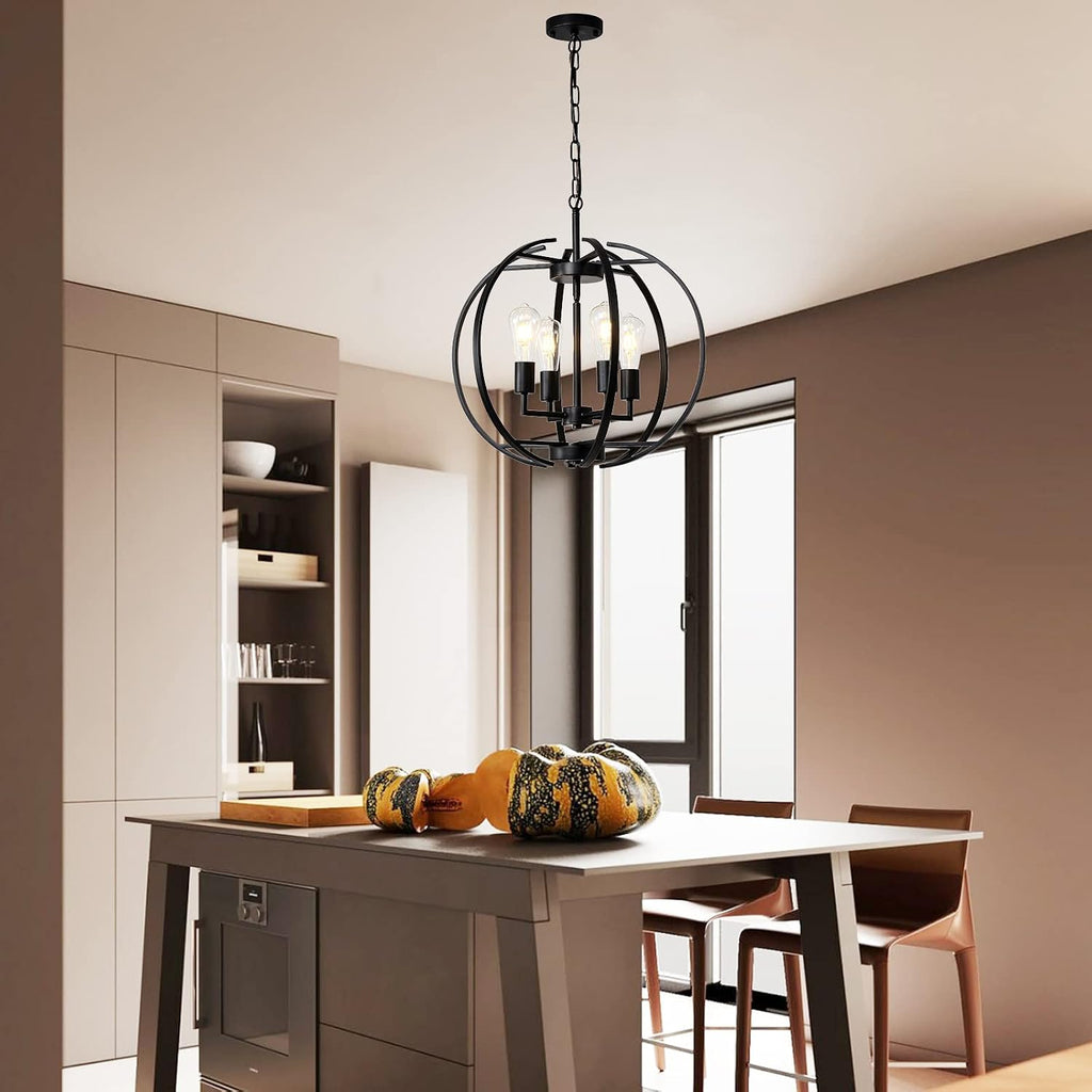 Large Lantern Globe Black Chandelier Lighting, Farmhouse Chandelier Adjustable Pendant Lighting Fixtures Hanging Ceiling 4 Light for Kitchen, Dining Room, Living Room, Hallway