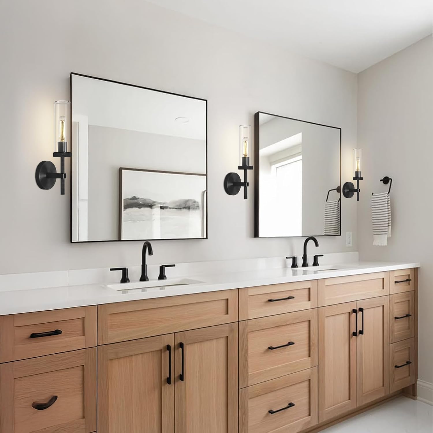 Black Wall Sconces Set of Two, 14' Bathroom Vanity Sconce Light, Glass Tube Wall Sconces, Sconces Wall Lighting Indoors, Wall Lights for Mirror, Living Room, Bedroom, Hallway (including bulb)