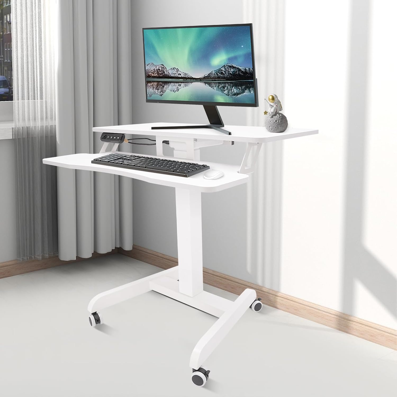 Electric Standing Desk, Adjustable Height Rolling Laptop Table, Mobile Computer Workstation Stand with Wheels & Keyboard Tray, Portable Bed Couch Side Work Desks Cart, Movable Podium for Office