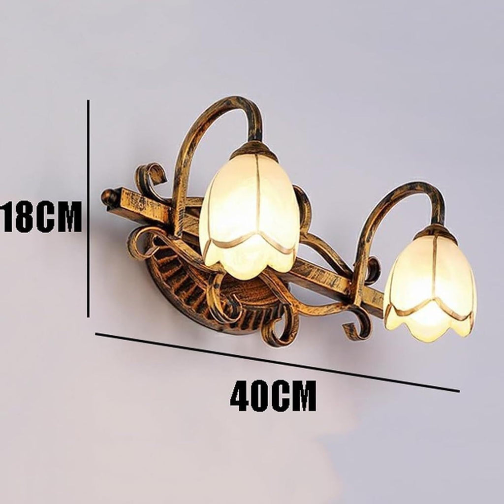 European Vintage 2-Light Wall Sconce, Classic Black Gold Wrought Iron Vanity Light with Flower Glass Shades, E14 Base LED Warm Light Included, for Bathroom Mirror Bedroom Hallway Decor