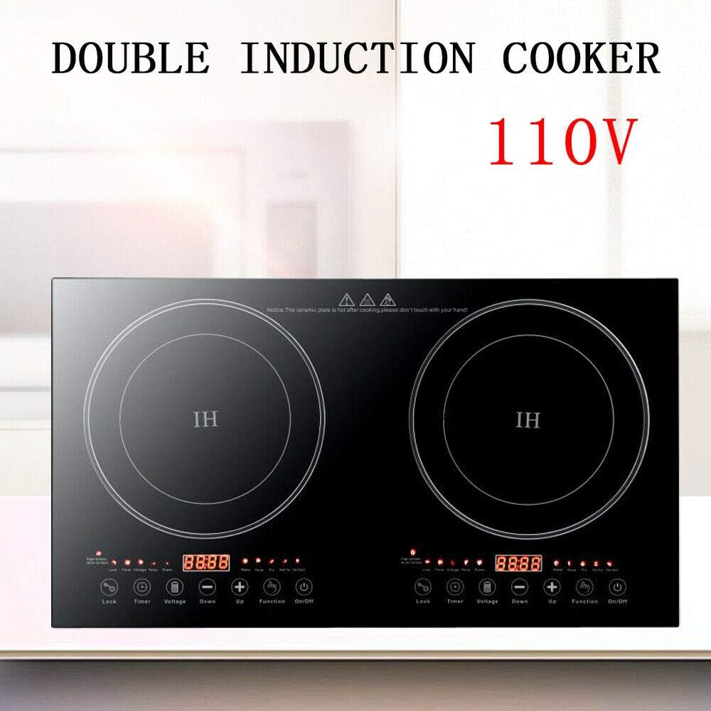Black Crystal Panel Induction Cooker 110V Black Electric Hot Plate Stove Countertop Double Burner Dual Countertop Electric Cooktop 1200W with 8 Gear Firepower Induction Stove Cooker For Griddle, Pan