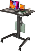 Gibbon Mounts Mobile Standing Desk, Height Adjustable Rolling Laptop Desk with Cup Holder, 27 inches Portable Sit Stand Desk with Wheels and Hook, Pneumatic Computer Table, Black