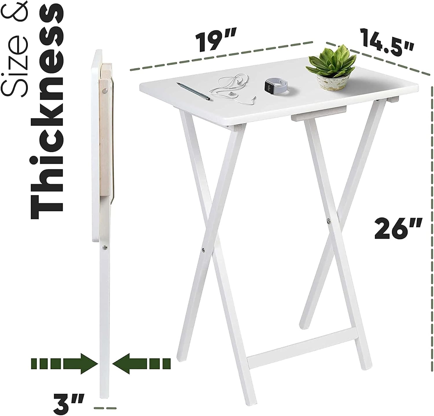 PJ Wood Conventional Solid and Sturdy Wood Construction Portable Folding TV Snack Tray Table Desk Serving Stand, White (8-Piece Set)